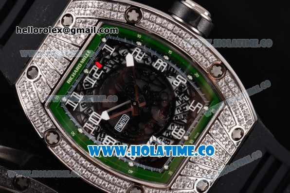 Richard Mille RM010 Miyota 9015 Automatic Steel/Diamonds Case with Skeleton Dial and Green Inner Bezel - Click Image to Close